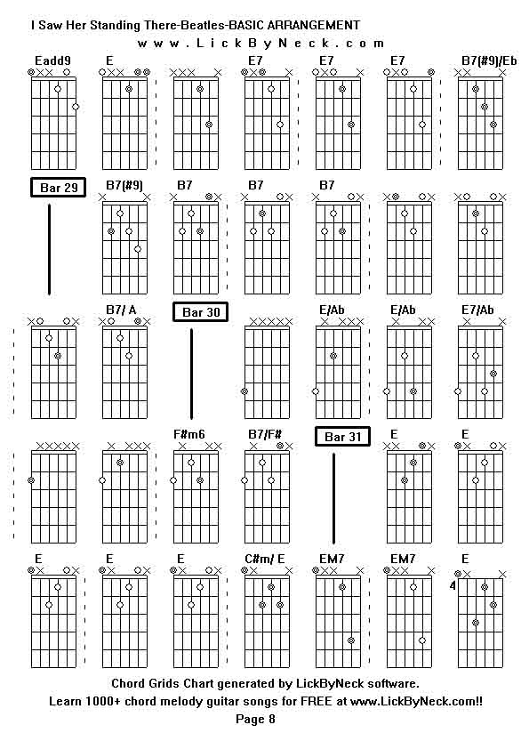 Chord Grids Chart of chord melody fingerstyle guitar song-I Saw Her Standing There-Beatles-BASIC ARRANGEMENT,generated by LickByNeck software.